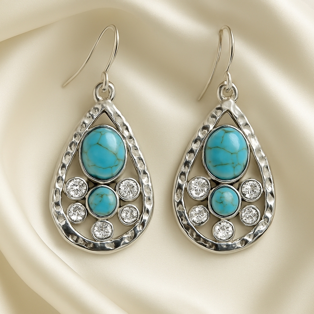 Polished Turquoise & Rhinestone Teardrop Dangle Earrings – Hammered Silver 1.75"